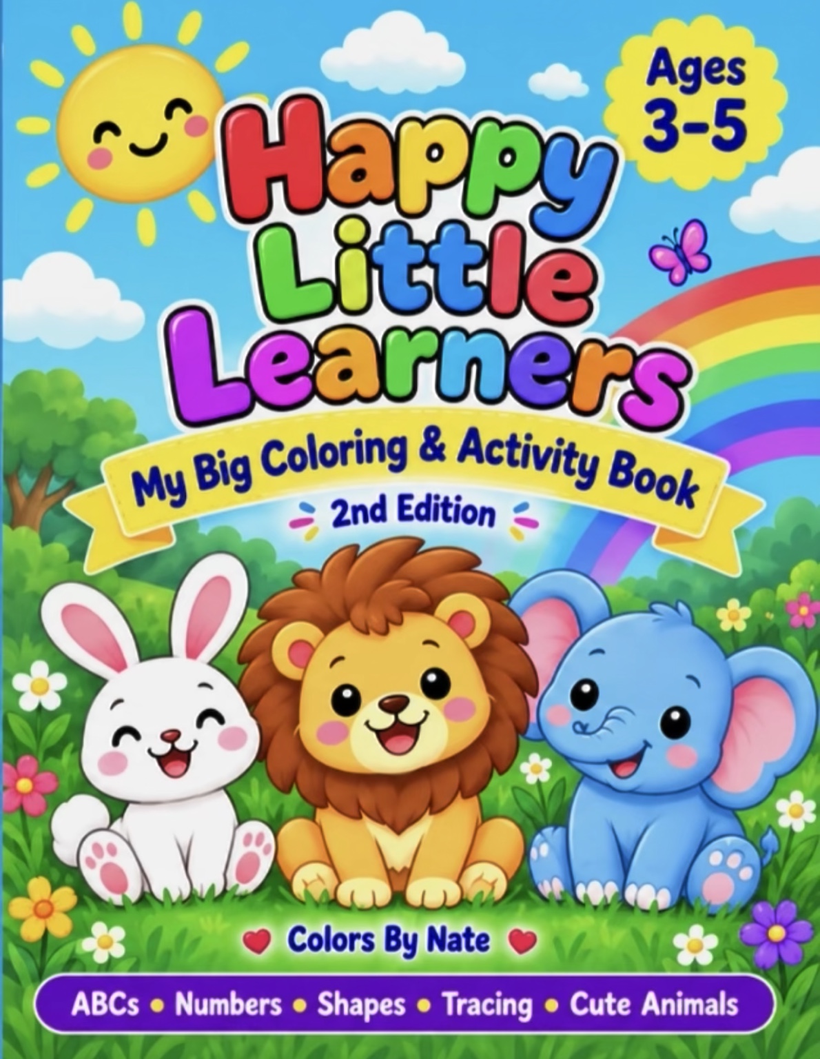 Happy Little Learners second edition front cover, with a smiling bunny, lion, elephant, rainbow and sunshine